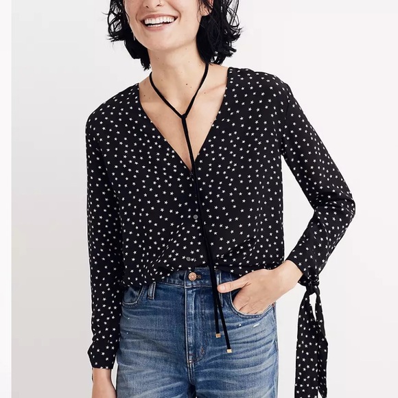 Madewell Star Scatter Blouse - Silk black & White tie sleeve French top - Picture 3 of 8